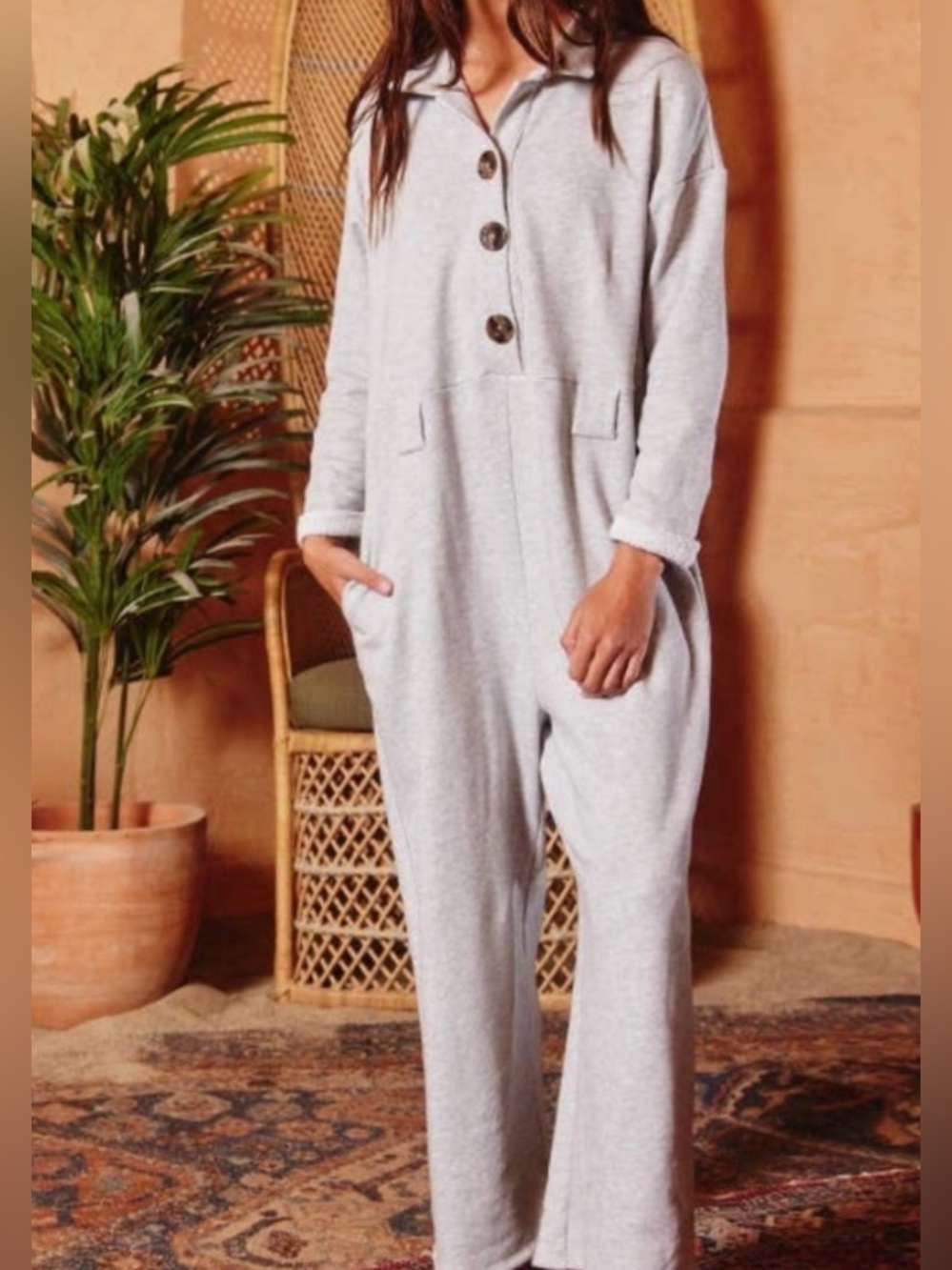 BUCKETLIST Light Gray Cozy Button-Front Jumpsuit